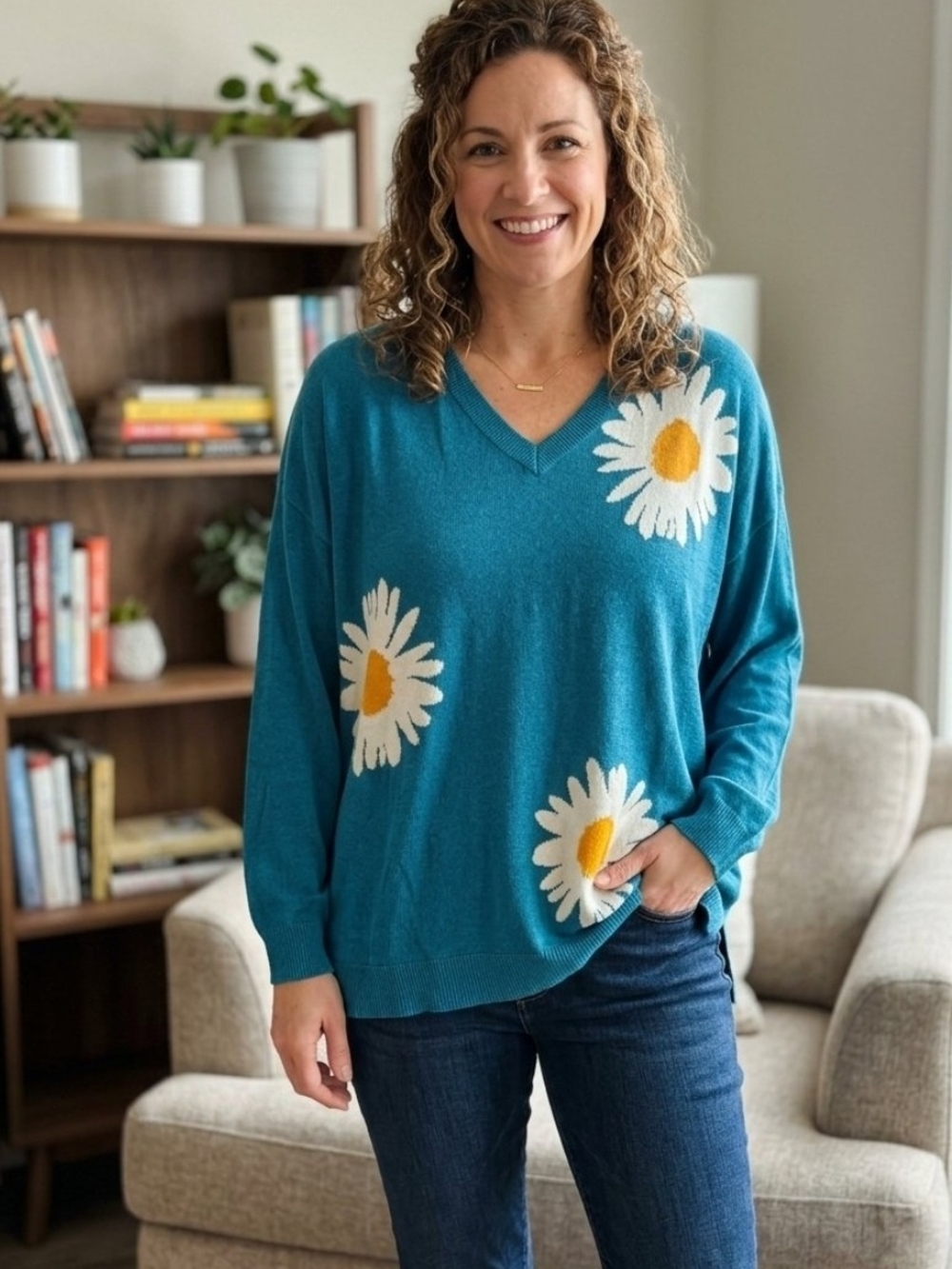 Laurie Felt cashmere blend daisy-print V-neck sweater Sz XXL